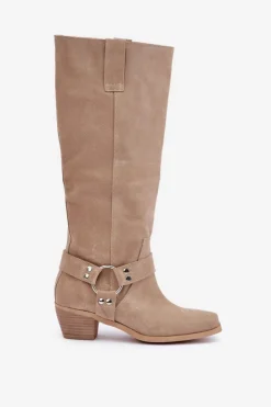 Online Zazoo Zamszowe Kozaki Na Niskim Obcasie Z Cholewką Przed Kolano 3444/O Jasnobeżowe Beżowy