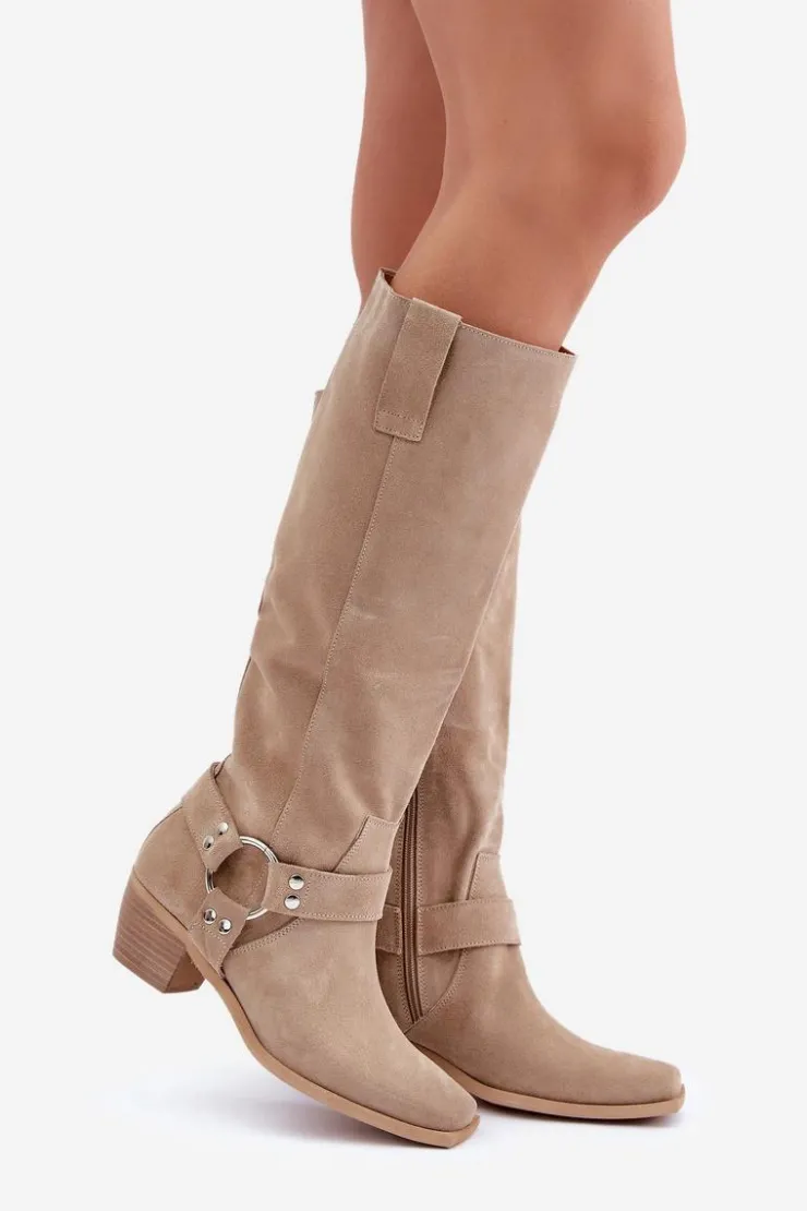 Online Zazoo Zamszowe Kozaki Na Niskim Obcasie Z Cholewką Przed Kolano 3444/O Jasnobeżowe Beżowy