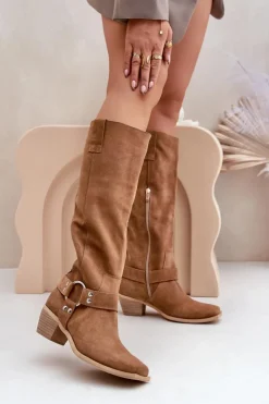 Zazoo Kozaki Na Słupku|Kozaki Wiosenne*Zamszowe Kozaki Na Niskim Obcasie Z Cholewką Przed Kolano 3444/O Camel Brązowy