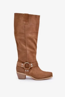 Zazoo Kozaki Na Słupku|Kozaki Wiosenne*Zamszowe Kozaki Na Niskim Obcasie Z Cholewką Przed Kolano 3444/O Camel Brązowy