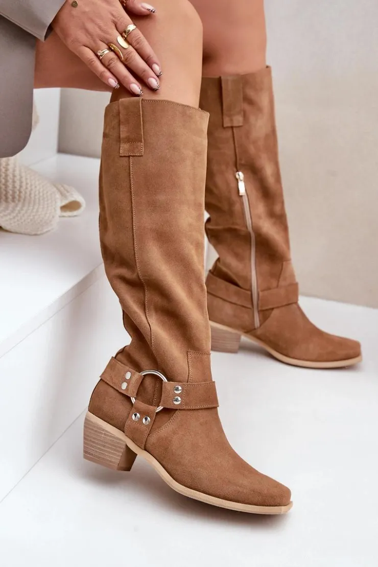 Zazoo Kozaki Na Słupku|Kozaki Wiosenne*Zamszowe Kozaki Na Niskim Obcasie Z Cholewką Przed Kolano 3444/O Camel Brązowy