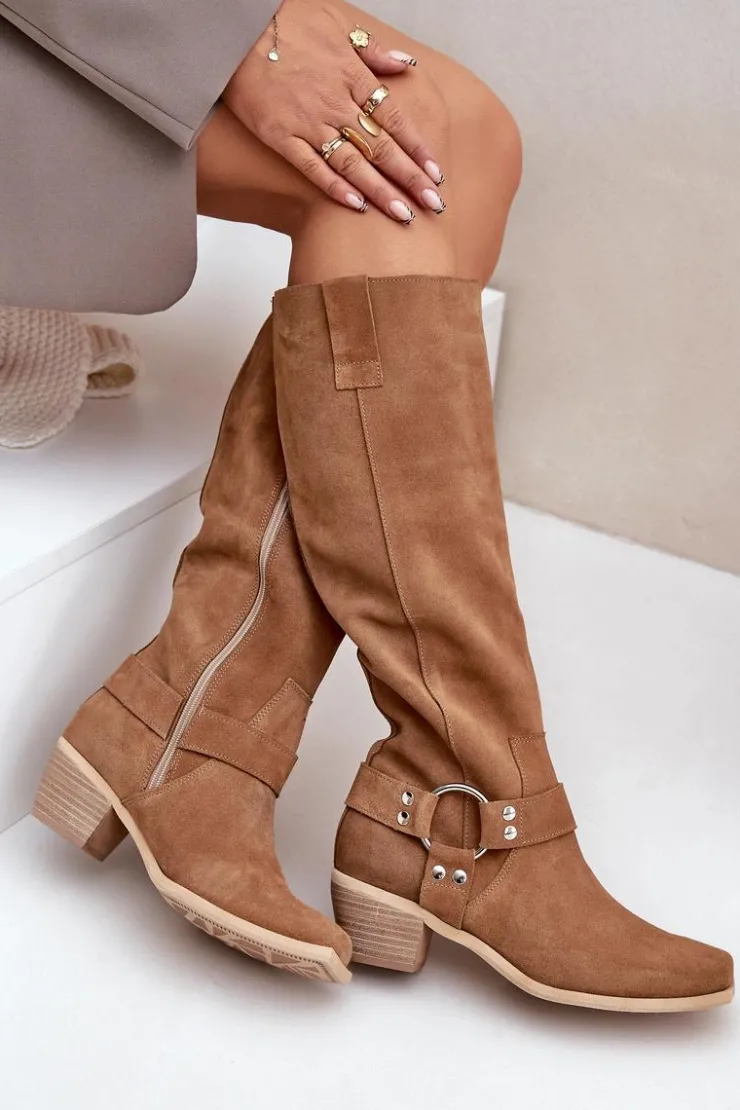 Zazoo Kozaki Na Słupku|Kozaki Wiosenne*Zamszowe Kozaki Na Niskim Obcasie Z Cholewką Przed Kolano 3444/O Camel Brązowy