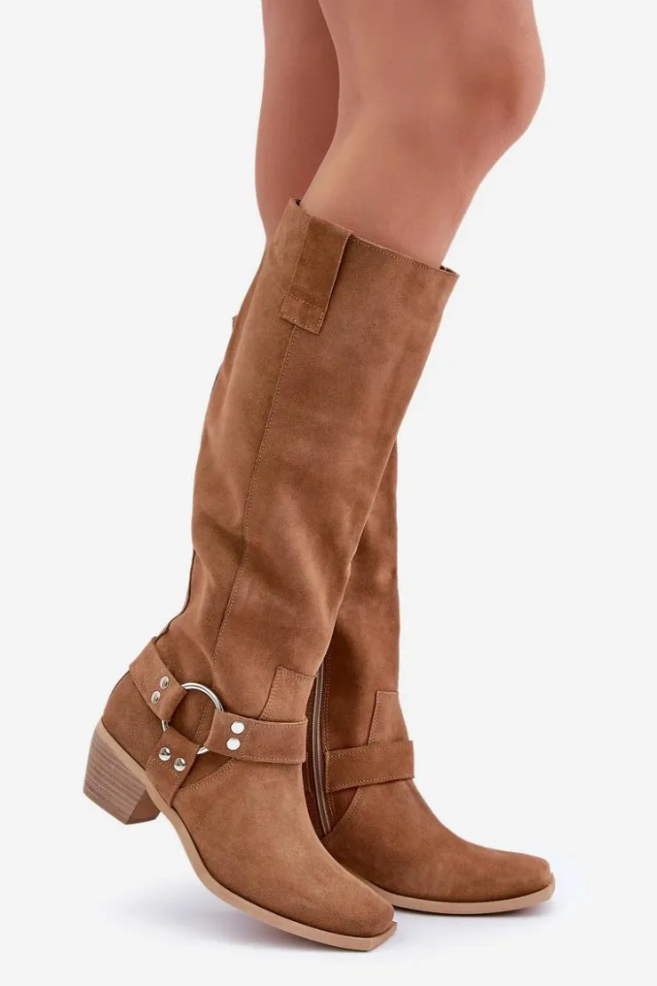Zazoo Kozaki Na Słupku|Kozaki Wiosenne*Zamszowe Kozaki Na Niskim Obcasie Z Cholewką Przed Kolano 3444/O Camel Brązowy