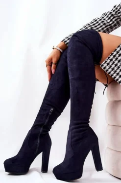 Boto Kozaki Wiosenne|Kozaki Za Kolano*Zamszowe Kozaki Na Obcasie Granatowe Minesa