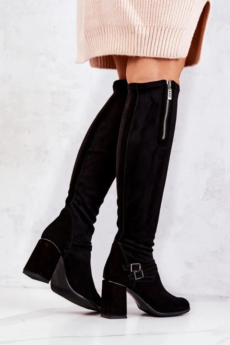 Boto Kozaki Wiosenne|Kozaki Za Kolano*Zamszowe Kozaki Na Obcasie Czarne Arianne