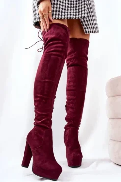 Damskie Boto Zamszowe Kozaki Na Obcasie Bordowe Minesa