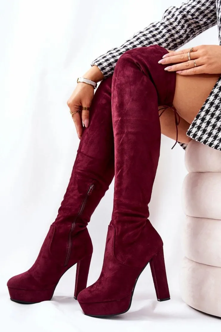 Damskie Boto Zamszowe Kozaki Na Obcasie Bordowe Minesa