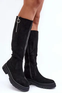 Damskie Buty damskie Vinceza Zamszowe Kozaki Na Płaskim Obcasie I Platformie Czarne Nesina