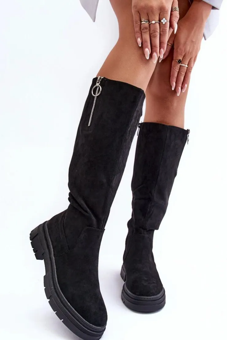 Damskie Buty damskie Vinceza Zamszowe Kozaki Na Płaskim Obcasie I Platformie Czarne Nesina