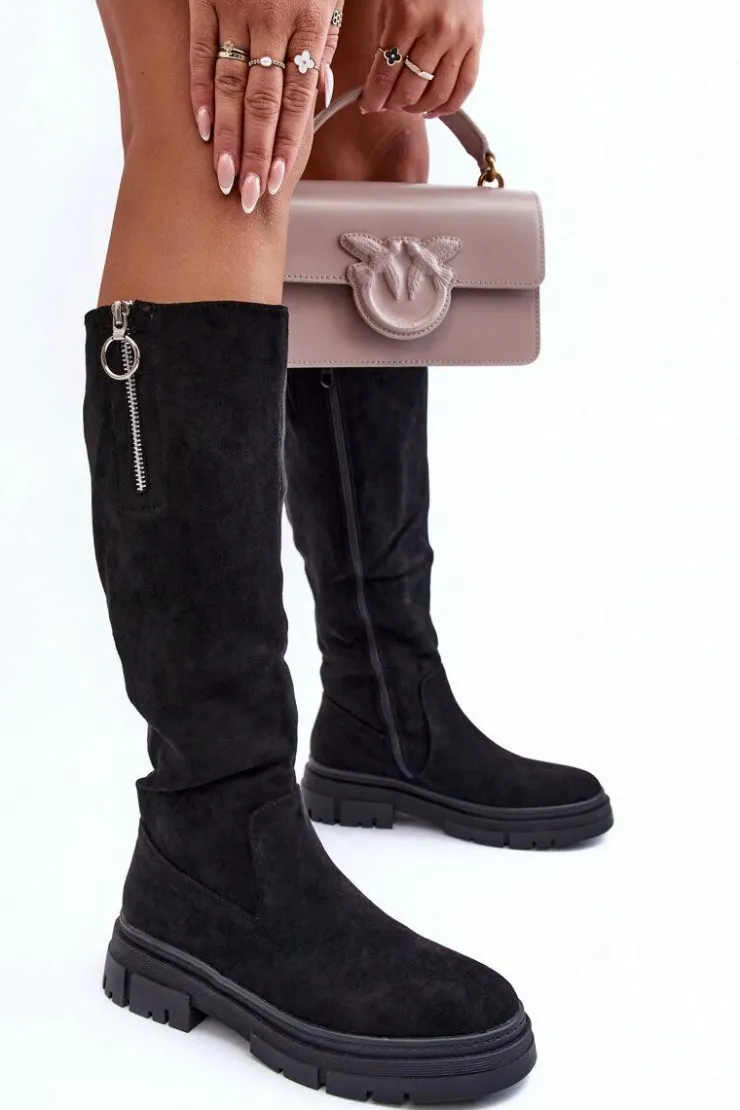 Damskie Buty damskie Vinceza Zamszowe Kozaki Na Płaskim Obcasie I Platformie Czarne Nesina