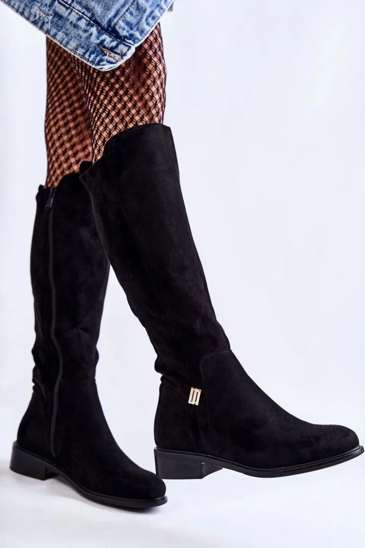 Online Damskie buty S.Barski Zamszowe Kozaki Na Płaskim Obcasie Czarne Giulia