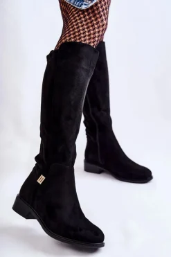 Online Damskie buty S.Barski Zamszowe Kozaki Na Płaskim Obcasie Czarne Giulia