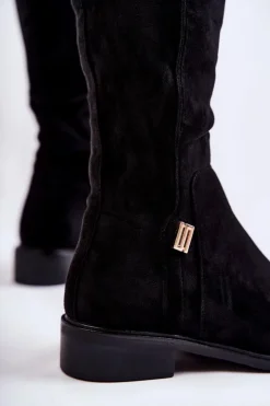 Online Damskie buty S.Barski Zamszowe Kozaki Na Płaskim Obcasie Czarne Giulia