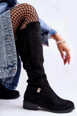 Online Damskie buty S.Barski Zamszowe Kozaki Na Płaskim Obcasie Czarne Giulia