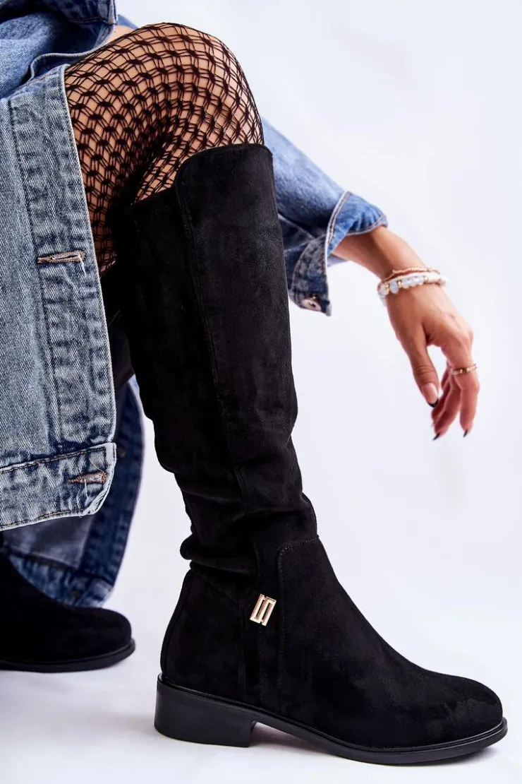 Online Damskie buty S.Barski Zamszowe Kozaki Na Płaskim Obcasie Czarne Giulia