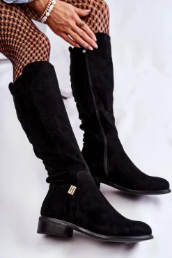 Online Damskie buty S.Barski Zamszowe Kozaki Na Płaskim Obcasie Czarne Giulia