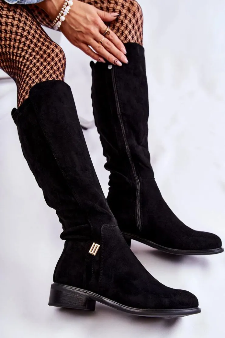 Online Damskie buty S.Barski Zamszowe Kozaki Na Płaskim Obcasie Czarne Giulia