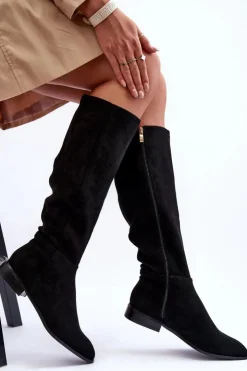 Hot Boto Zamszowe Kozaki Na Płaskim Obcasie Czarne Eelin Czarny
