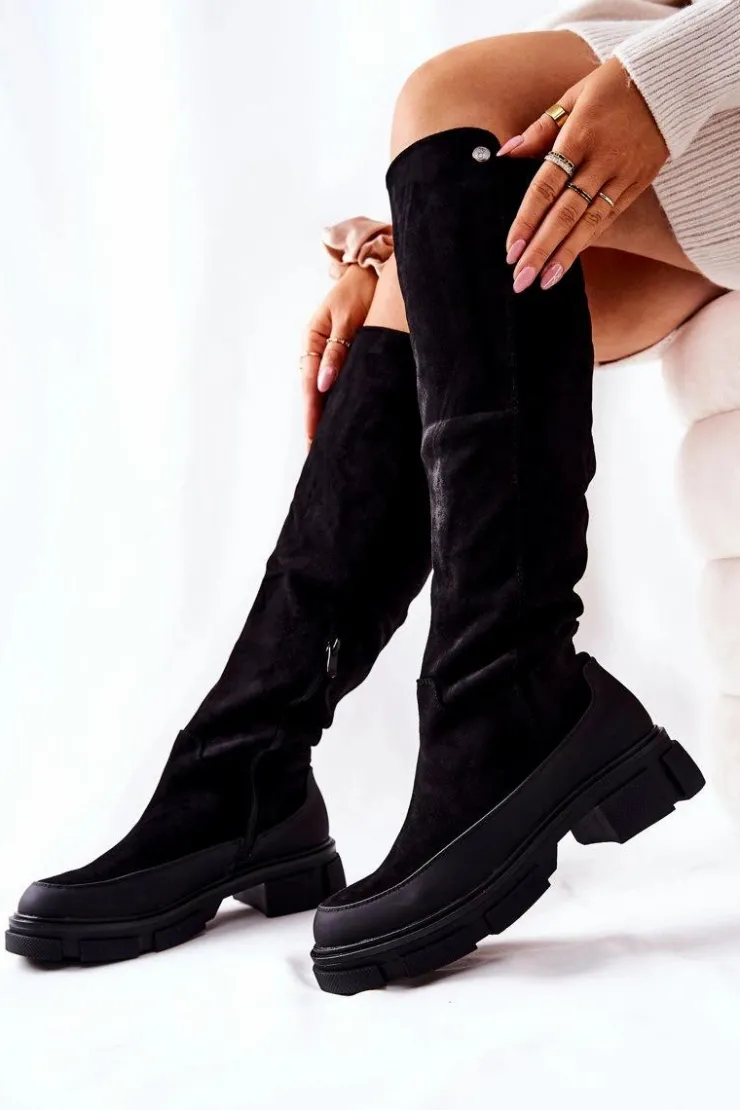 Damskie Boto Zamszowe Kozaki Na Płaskim Obcasie Czarne Kalisso