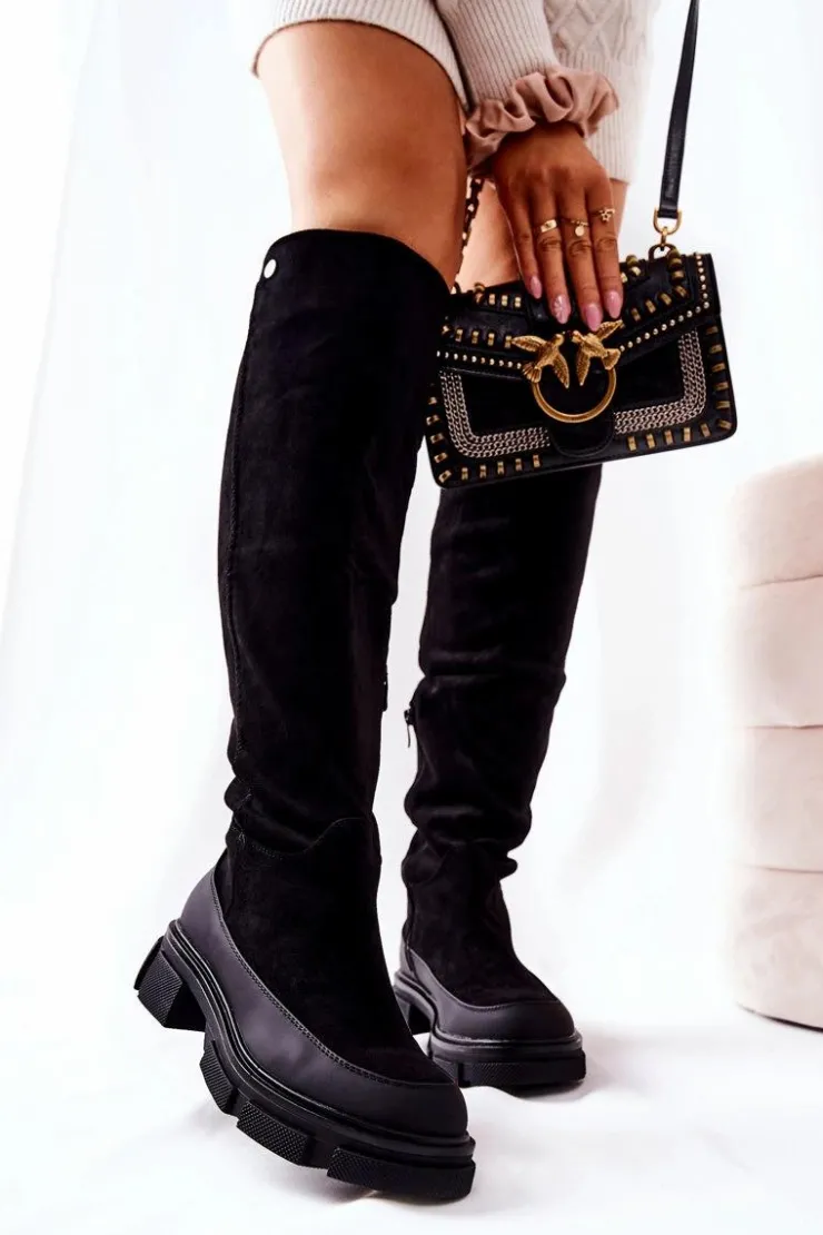 Damskie Boto Zamszowe Kozaki Na Płaskim Obcasie Czarne Kalisso