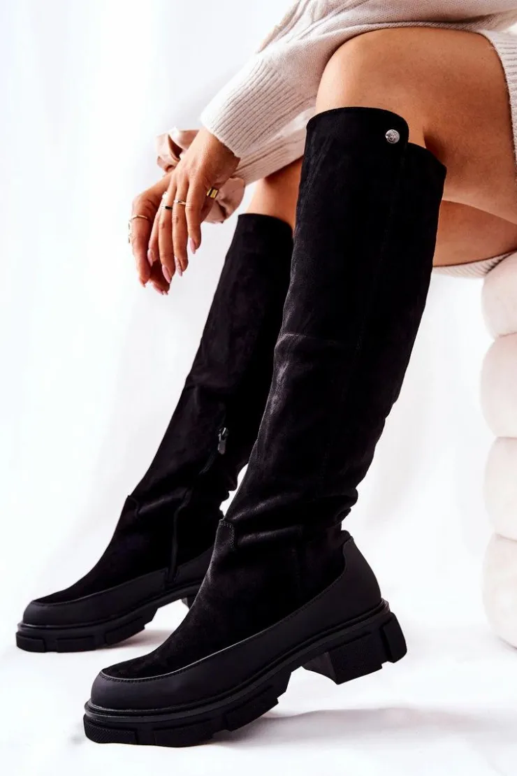 Damskie Boto Zamszowe Kozaki Na Płaskim Obcasie Czarne Kalisso