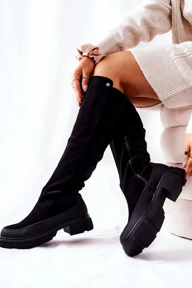 Damskie Boto Zamszowe Kozaki Na Płaskim Obcasie Czarne Kalisso