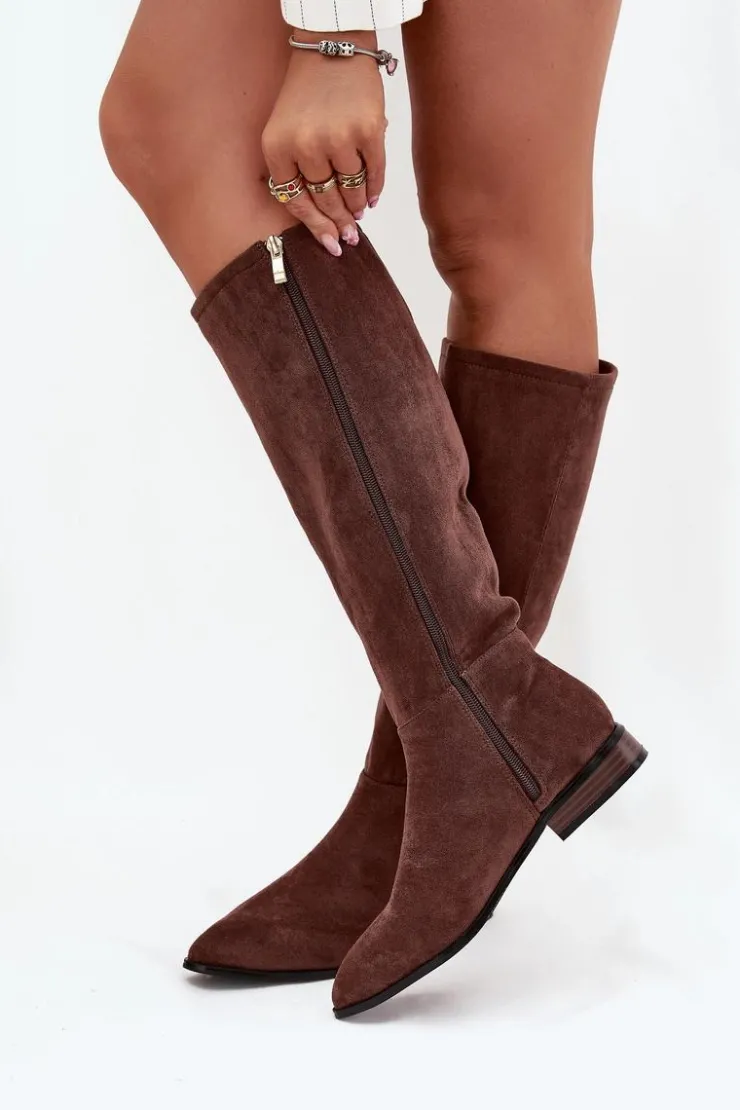 Boto Kozaki Płaskie|Kozaki Przed Kolano*Zamszowe Kozaki Na Płaskim Obcasie Brązowe Eelin Brązowy