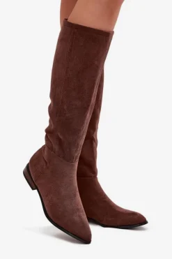 Boto Kozaki Płaskie|Kozaki Przed Kolano*Zamszowe Kozaki Na Płaskim Obcasie Brązowe Eelin Brązowy
