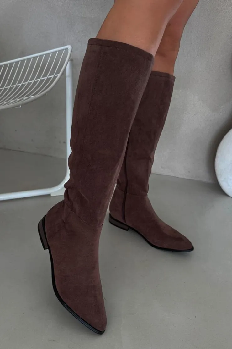 Boto Kozaki Płaskie|Kozaki Przed Kolano*Zamszowe Kozaki Na Płaskim Obcasie Brązowe Eelin Brązowy