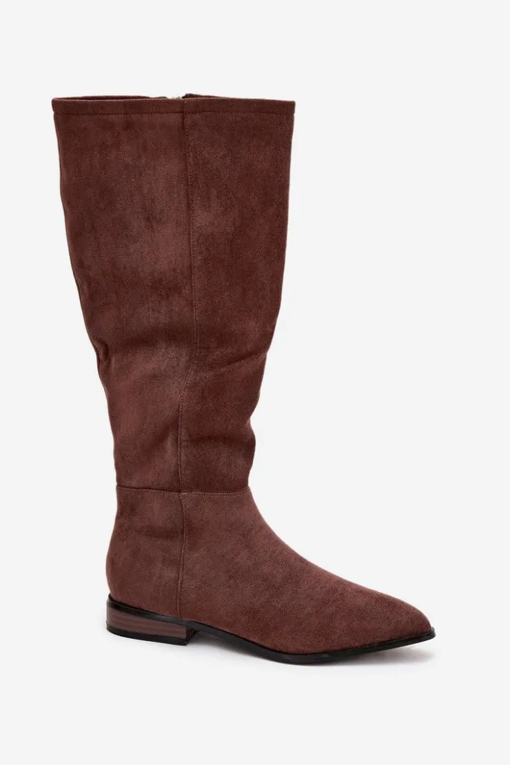 Boto Kozaki Płaskie|Kozaki Przed Kolano*Zamszowe Kozaki Na Płaskim Obcasie Brązowe Eelin Brązowy