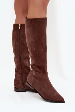 Boto Kozaki Płaskie|Kozaki Przed Kolano*Zamszowe Kozaki Na Płaskim Obcasie Brązowe Eelin Brązowy
