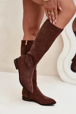 Boto Kozaki Płaskie|Kozaki Przed Kolano*Zamszowe Kozaki Na Płaskim Obcasie Brązowe Eelin Brązowy
