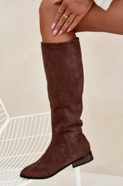 Boto Kozaki Płaskie|Kozaki Przed Kolano*Zamszowe Kozaki Na Płaskim Obcasie Brązowe Eelin Brązowy