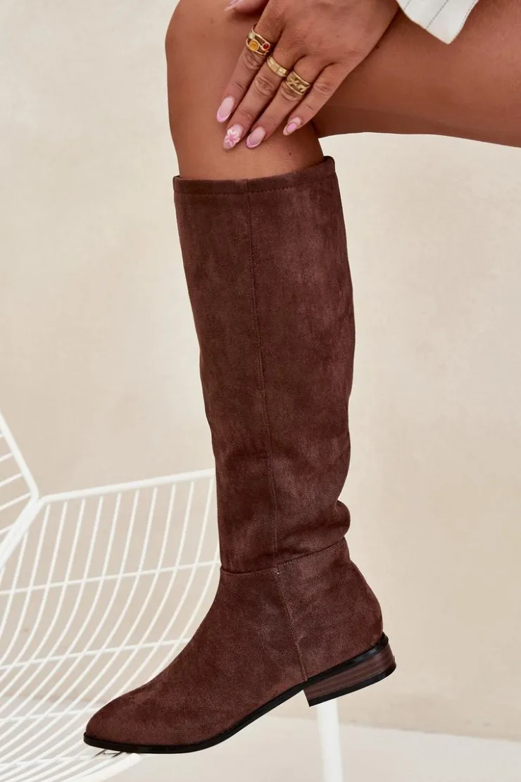 Boto Kozaki Płaskie|Kozaki Przed Kolano*Zamszowe Kozaki Na Płaskim Obcasie Brązowe Eelin Brązowy