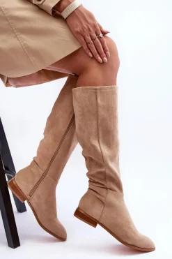 Boto Kozaki Płaskie|Kozaki Przed Kolano*Zamszowe Kozaki Na Płaskim Obcasie Beżowe Eelin Beżowy