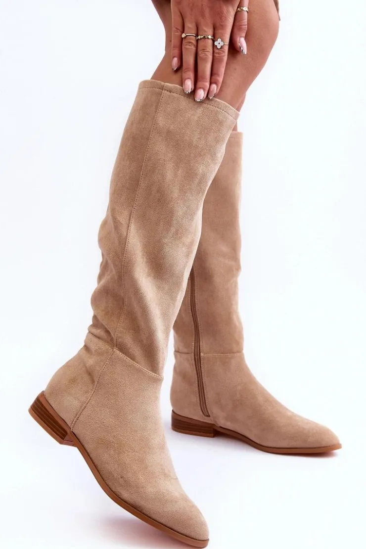 Boto Kozaki Płaskie|Kozaki Przed Kolano*Zamszowe Kozaki Na Płaskim Obcasie Beżowe Eelin Beżowy
