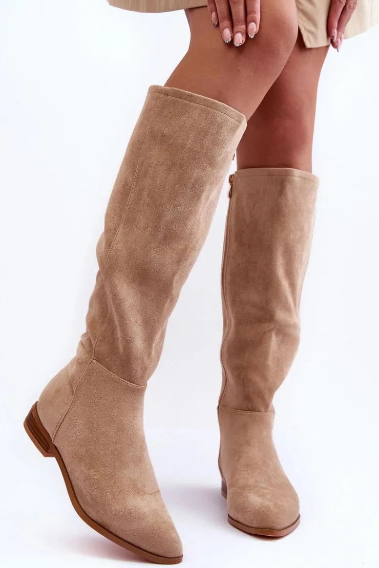 Boto Kozaki Płaskie|Kozaki Przed Kolano*Zamszowe Kozaki Na Płaskim Obcasie Beżowe Eelin Beżowy