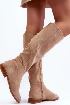 Boto Kozaki Płaskie|Kozaki Przed Kolano*Zamszowe Kozaki Na Płaskim Obcasie Beżowe Eelin Beżowy