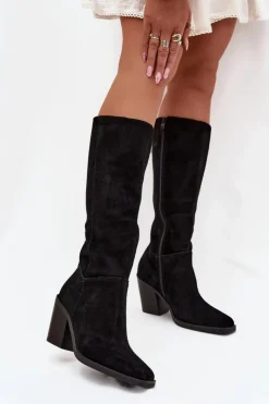 Outlet Boto Zamszowe Kozaki Na Słupku Zamek Czarne Lissara Czarny