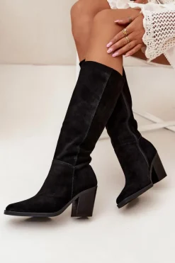 Outlet Boto Zamszowe Kozaki Na Słupku Zamek Czarne Lissara Czarny