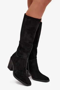 Outlet Boto Zamszowe Kozaki Na Słupku Zamek Czarne Lissara Czarny