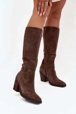 Damskie Boto Zamszowe Kozaki Na Słupku Zamek Brązowe Lissara
