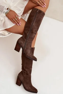 Damskie Boto Zamszowe Kozaki Na Słupku Zamek Brązowe Lissara