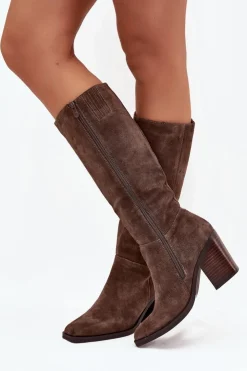 Damskie Boto Zamszowe Kozaki Na Słupku Zamek Brązowe Lissara