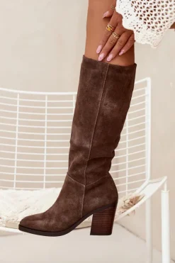 Damskie Boto Zamszowe Kozaki Na Słupku Zamek Brązowe Lissara