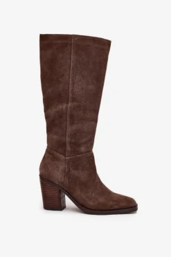 Damskie Boto Zamszowe Kozaki Na Słupku Zamek Brązowe Lissara