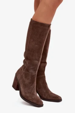 Damskie Boto Zamszowe Kozaki Na Słupku Zamek Brązowe Lissara