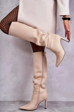 Damskie Boto Zamszowe Kozaki Na Szpilce Beżowe Carite