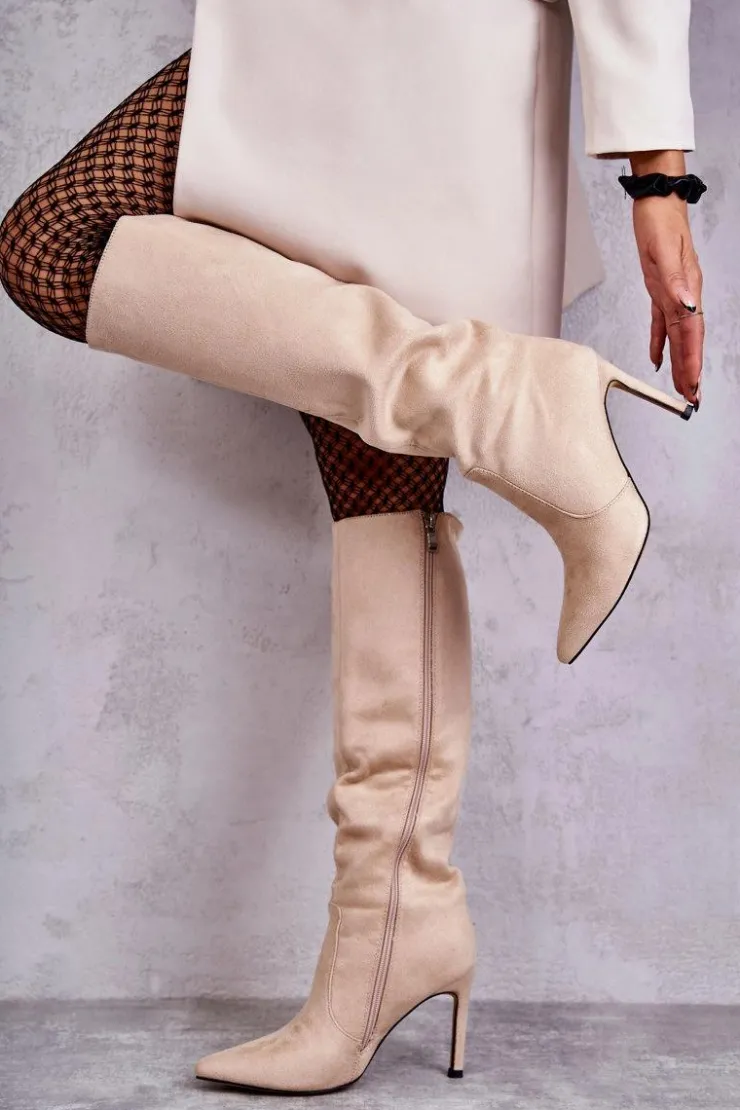 Damskie Boto Zamszowe Kozaki Na Szpilce Beżowe Carite