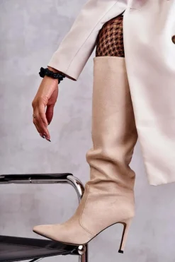 Damskie Boto Zamszowe Kozaki Na Szpilce Beżowe Carite